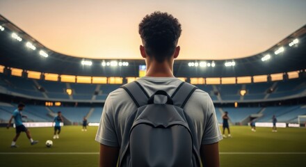 Young player watches teammates train under the stadium lights at sunset