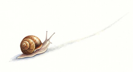 Illustration of a snail with a brown shell crawling, leaving a faint trail behind it on a white background.