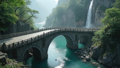 Stone bridge spans a river beneath a waterfall in mountains. Architecture combines with natural landscape creating a scenic travel spot. Water flows under bridge archways creating a beautiful view.