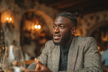 a dark-skinned young man talking passionately during an interview or conversation. A man is sitting at a table in a cozy and stylish restaurant.