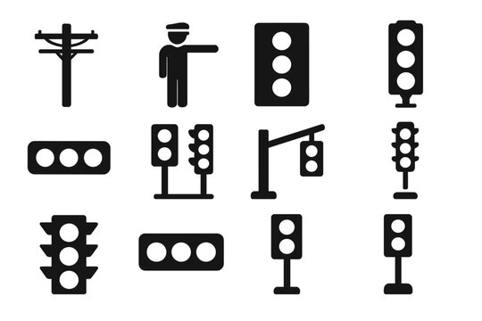 Traffic Control Icons. Solid style icons of traffic control infrastructure: light pole with wires, traffic controller icon,