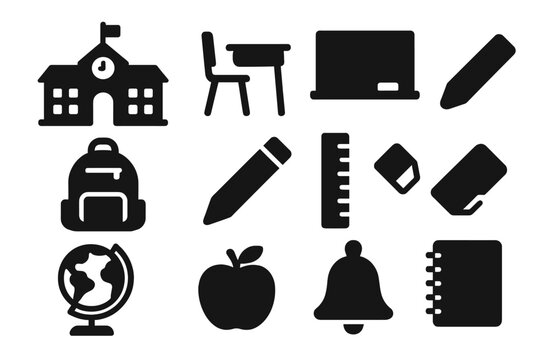 School Essentials Icons. Solid style icons of School essentials: school building, classroom desk, blackboard, chalk, backpack,