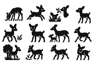Obraz premium Young Deer Icons. Solid style icons of Young Deer Behavior: grazing fawn, leaping fawn, hiding in grass, sniffing leaves, curious