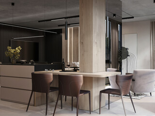Modern open-concept kitchen and dining area with minimalist wood and concrete interior design.