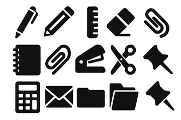 Fototapeta premium Office Supplies Icons. Solid style icons of Office supplies: pen, pencil, ruler, eraser, notebook, paperclip, stapler, scissors,
