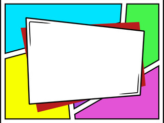 Colorful comic strip frame vector template with an empty white panel on a multicolored background. Ideal graphic element for comic art, cartoon illustration, visual message, and vibrant graphic design