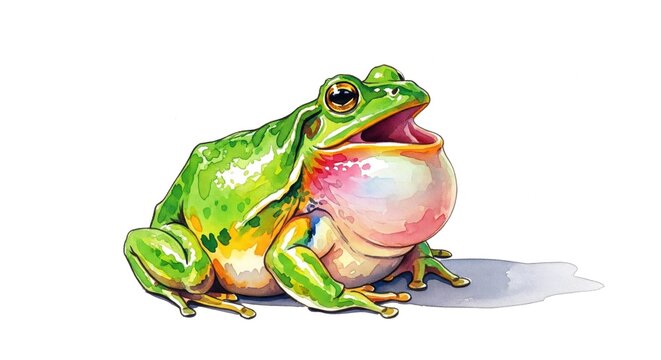 Watercolor illustration of a vibrant green frog with an inflated, pink vocal sac, croaking against a white background.