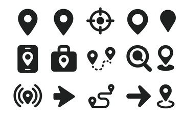 Location Icon Set. Solid style icons of locating objects: map marker, pinpoint icon, GPS crosshair, location dot, find device,