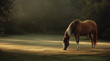 Horse Grazing Peacefully in a Field at Golden Hour