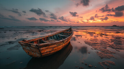 Abandoned Wooden Boat on a Serene Beach at Sunset