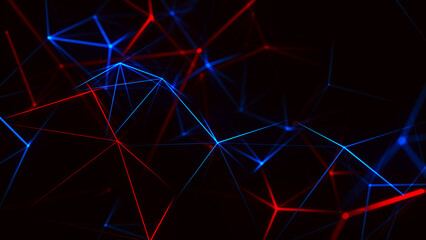 An abstract network, made in dark tones with bright red and blue lines, creates a sense of depth and movement. Subtle connections and nodes form a digital structure reminiscent of technological 
