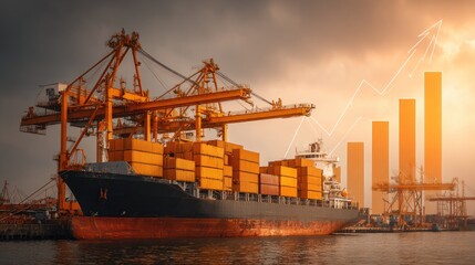 Cargo ship unloads containers at a shipping port with a backdrop of sunset and a profit graph in the sky