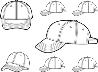 Cad drawing flat vector illustration of baseball cap technical sketch, hat design template, unisex fashion headwear front and side views