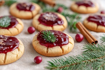 Artisan Christmas cookies decorated with cranberry jam and fresh pine sprigs, arranged beautifully on a linen tablecloth, evoking a festive holiday atmosphere