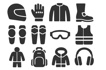 Riding Gear Icons. Solid style icons of Riding gear and safety: helmet, gloves, jacket, boots, knee pads, elbow pads, goggles,