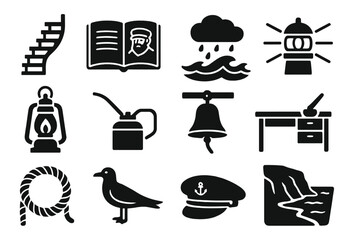 Lighthouse Keeper Essentials. Solid style icons of Lighthouse Keeper: spiral staircase, keeper logbook, stormy sea, lighthouse