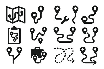 Route Planning Icons. Solid style icons of route planning: map with route, stop points icon, pin-to-pin route, route settings,