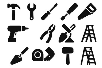 Fototapeta premium Construction Tools Icons. Solid style icons of Construction tools: hammer, wrench, screwdriver, saw, drill, pliers, chisel, shovel