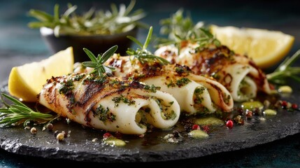 Delicious grilled calamari topped with fresh herbs and served with lemon slices on a dark stone plate