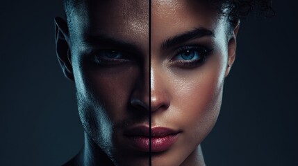Two faces divide the frame, highlighting contrasting features and expressions under soft, dramatic lighting