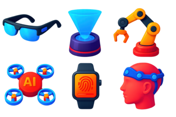 Futuristic Gadget Icons. 3D icon set of futuristic gadgets: smart glasses, hologram projector, robotic arm, AI drone, wearable