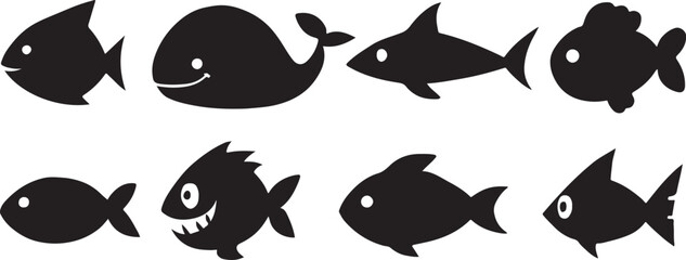 Creative Fish Character Design Silhouettes Vector Art for Marine Life and Ocean Illustration