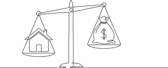 Line Art Drawing Concept of Money Home and Loan Mortgage Balance with Dollar and House Vector