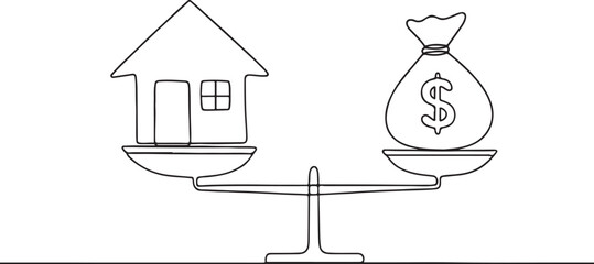 Financial Concept Line Drawing Home Loan and Debt Balance Illustration with Money Bag and Scale