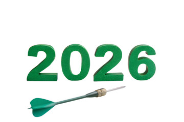 A green dart aims precisely at the year 2026 against a white background, symbolizing future goals, strategic planning, and successful business objectives