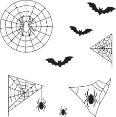 Spooky Halloween Bats Spiders and Webs Vector Illustration Black Silhouettes on White Background