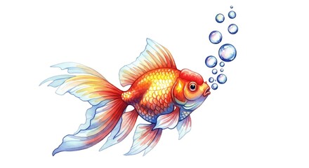 Fototapeta premium Illustration of a goldfish swimming upwards, releasing a trail of bubbles against a white background.