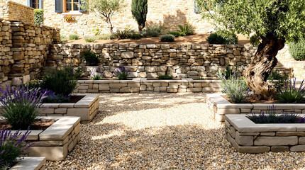Aménagement d'une allée et jardin, muret en pierre, design extérieur devant la maison de style provençale toscane