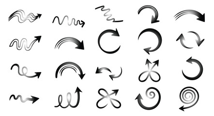 Collection of hand drawn black arrows in various styles and directions on white background