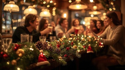 Warm festive dinner with friends celebrating Christmas, beautifully decorated table with garland, pinecones and lights, cozy holiday atmosphere in restaurant or home interior