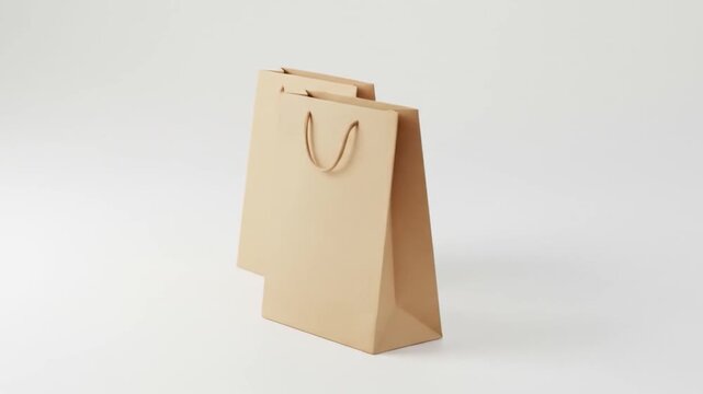 Two plain brown paper shopping bags with string handles stand on a white surface