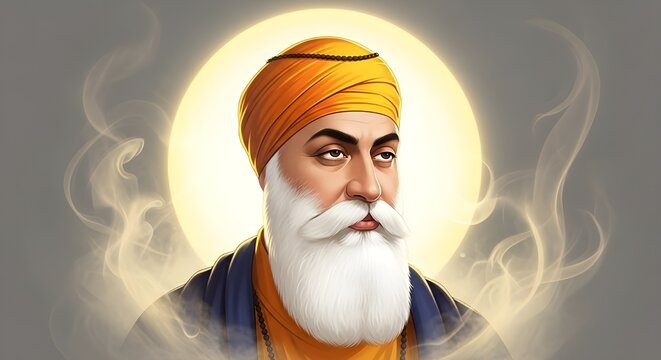 A beautiful digital illustration of Guru Nanak Dev Ji, the founder of Sikhism, surrounded by blooming lotus flowers and radiant divine light. The artwork symbolizes purity, peace, and enlightenment, o