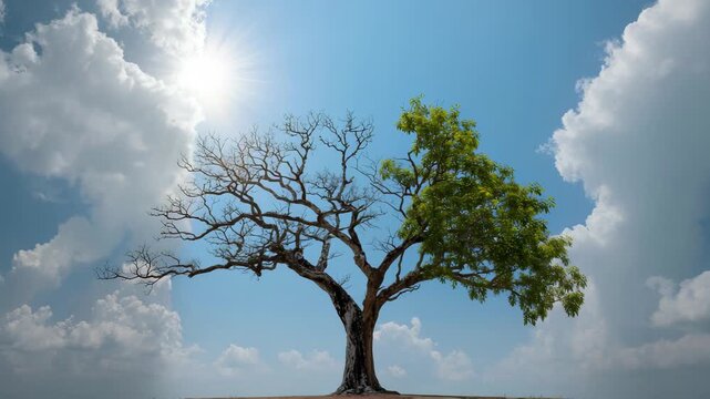 Stunning dual-sided tree displays stark contrast between life and dormancy under bright sun, 4k high quality
