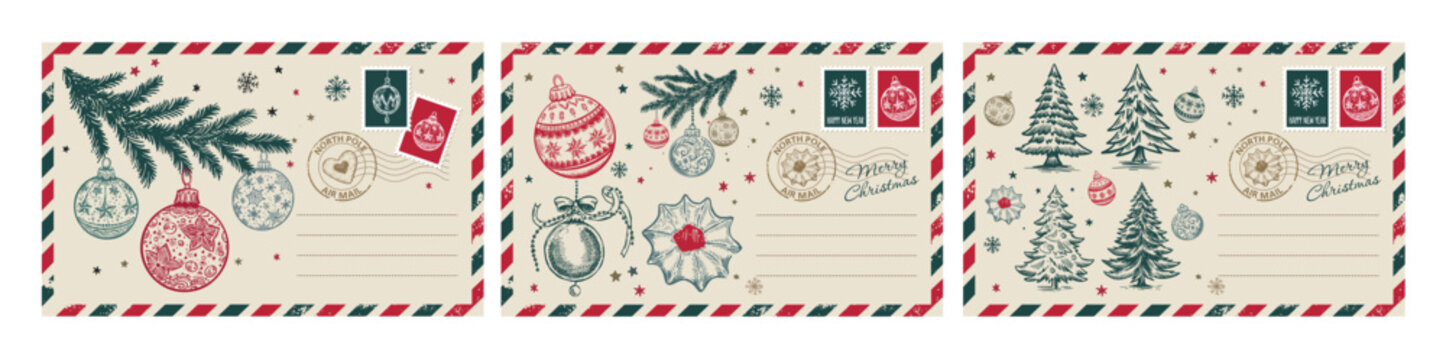 Christmas postcard, card with tree and ball, hand drawn illustration.	
