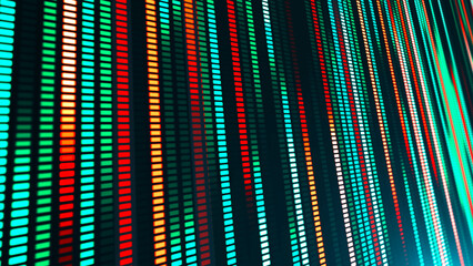 An illustration with many colored glowing lines and square segments going into the distance. The effect of movement from neon light. Suitable for themes related to technology, futurism and club visual