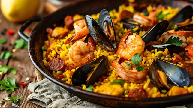 Close up of paella with shrimp mussels and chorizo in a pan on a wooden surface ready to be served