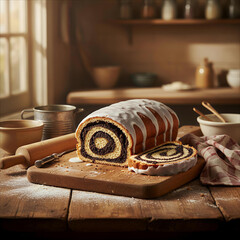 Delicious poppy seed roll cake with icing on a wooden board