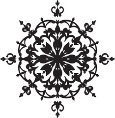 Black and White Floral Mandala with Leafy Accents

