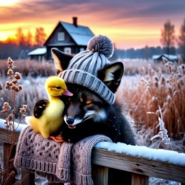 Cartoon fox and duckling interacting in a curious and friendly style, illustration for children's stories and fables