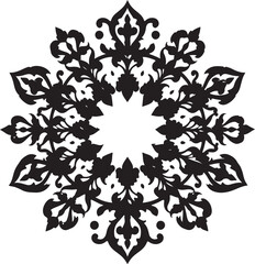 Black and White Floral Mandala with Leafy Accents
