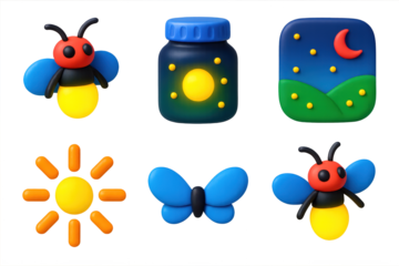 Firefly Icon Set. 3D icon set of firefly scenes: glowing firefly, glass jar with light, summer night field, blinking flash, tiny