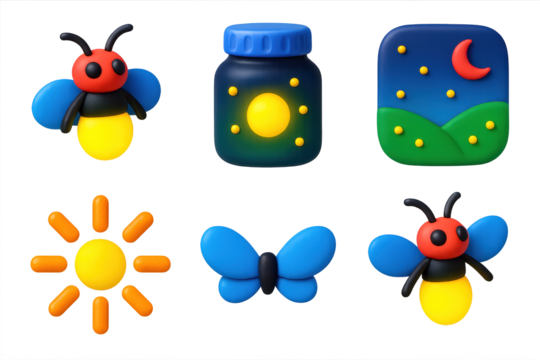 Firefly Icon Set. 3D icon set of firefly scenes: glowing firefly, glass jar with light, summer night field, blinking flash, tiny
