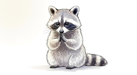 An illustration of a raccoon sitting upright with its paws together in a pleading or thoughtful gesture.