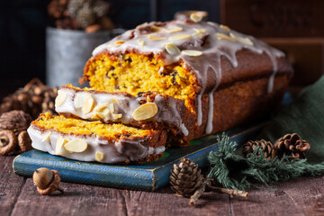 Pumpkin cake with chocolate and icing, prepared for a Halloween party.