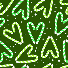 Sweet Green Candy Cane Hearts Seamless Pattern