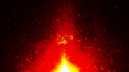 Intense bright red fire flames with sparks combined with abstract mosaic patterns create stunning visual effects. Bright shades of red, orange and yellow create a visual effect of heat, fire and movem